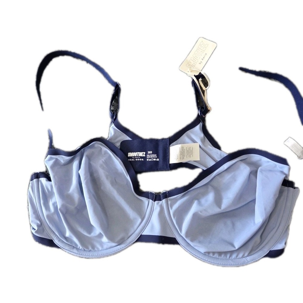 Aerie Smoothez Full Coverage Bra 36D Underwire Light Blue Navy Trim NWT